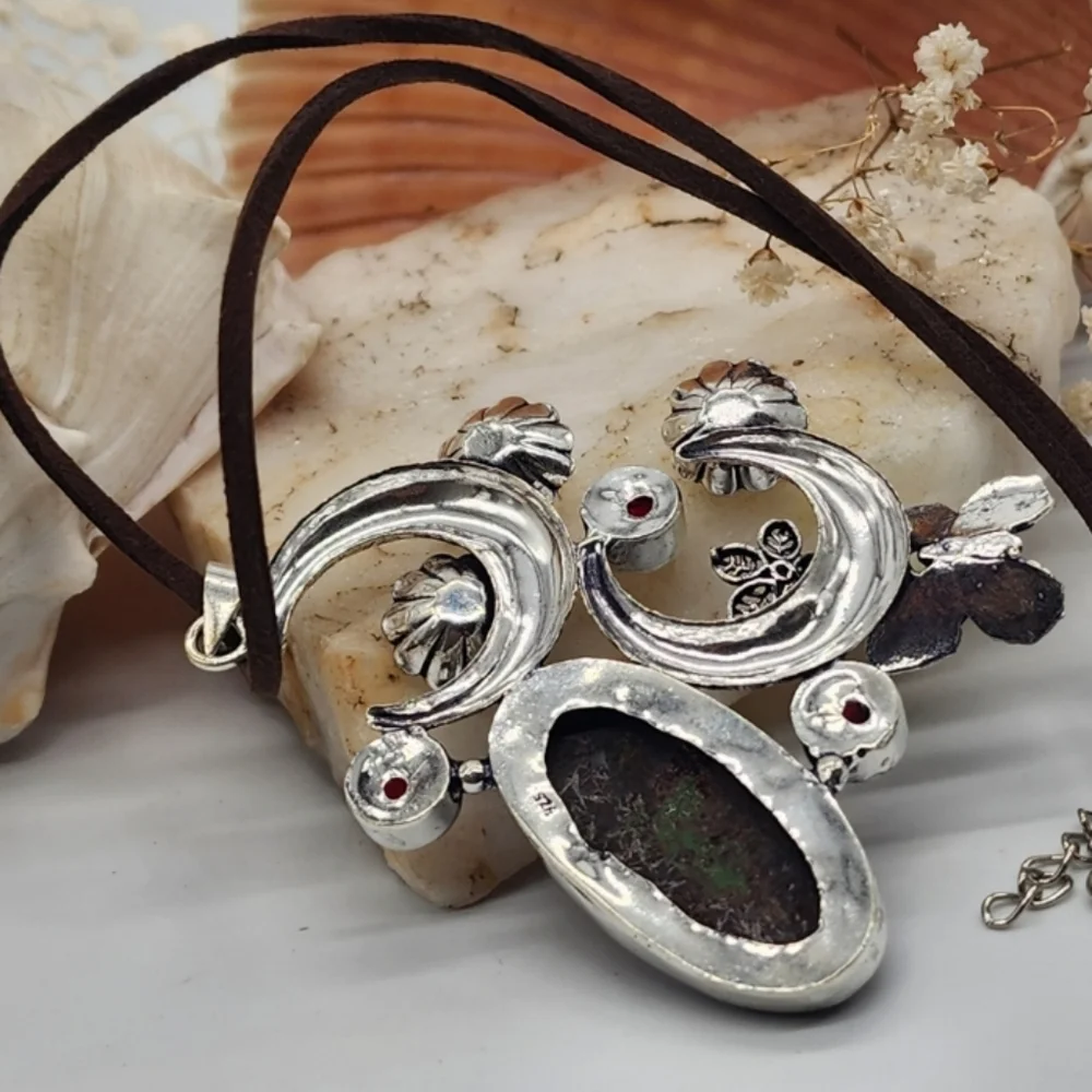 Moon Silver 925 Necklace Pendant Natural Agate Cabochon Stone Leather Necklace